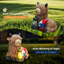 Load image into Gallery viewer, Solar Highland Cow Gnome Decor - Garden Gnomes Statues Highland Cattle Mouth with Solar Lantern, Outdoor Ornaments Funny Decoration for Yard, Patio, Unique Birthday Housewarming Gifts for Women, Mom
