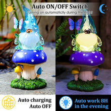 Load image into Gallery viewer, Starryfill Solar Garden Gnome Figurine in Blue Hat Plays with Butterfly on The Mushroom, 9.45inch(H) Resin Gnomes Decor with Solar Led Lights for Home Patio Lawn Backyard Christmas Decorations