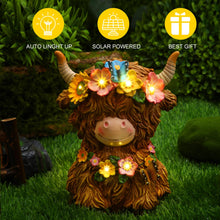 Load image into Gallery viewer, Colingmill Highland Cow Gnomes Resin, Garden Highland Cow Statue Solar Outdoor Decor with Flower Decoration for Patio, Yard, Gift for Mom, Cow Lovers(Bright)