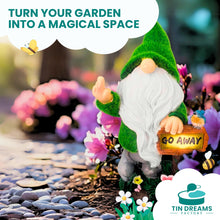 Load image into Gallery viewer, TIN DREAMS FACTORY | "Go Away Solar Rechargeable Garden Gnome - Fun Outdoor Decoration for Garden and Patio - Dwarfs - Resin Figures - Original Home Ornaments