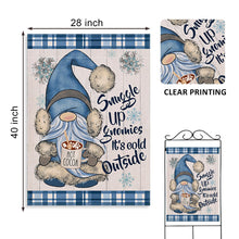 Load image into Gallery viewer, Covido Home Decorative Snuggle Up Gnomies It's Cold Outside Winter House Flag, Blue Gnome Garden Yard Outside Decorations, Christmas Snowflakes Farmhouse Outdoor Large Decor Double Sided 28x40