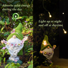 Load image into Gallery viewer, Garden Flocked Gnomes Decor for Yard - Artificial Green Moss Gnome Statue with Solar Light, Dwarf Sculpture for Outdoor Patio Porch Lawn Decor, Spring Decorations for Home
