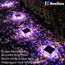 Load image into Gallery viewer, Soslina 4 Pack Solar Step Lights, IP68 Waterproof, Warm White & Blue Mixed Colour, 30 Lumen, 16 Hrs Lighting, Easy Install, Outdoor Garden Pathway Deck Fence Patio