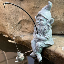 Load image into Gallery viewer, Garden Gnome Pond Statue Decoration, Fishing Gnome Garden Statue Outdoor Koi Pond or Waterfall Decor, 9.7" Stone Gnome Fishing Poolside Statue with Glow in Dark Pebbles Included, Great Gifts for Mom