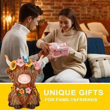 Load image into Gallery viewer, Colingmill Highland Cow Gnomes Resin, Garden Highland Cow Statue Solar Outdoor Decor with Flower Decoration for Patio, Yard, Gift for Mom, Cow Lovers(Bright)