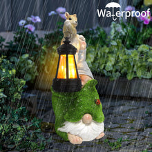 Load image into Gallery viewer, Garden Gnome with Squirrel Outdoor Statue,Flocked Gnome Statue Holding Lantern with Solar Lights,Outdoor Gnomes Decorations for Yard Patio Lawn Porch,Gifts for Mom