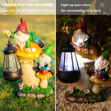 Load image into Gallery viewer, Ovewios Garden Gnome Statue, Large Funny Gnome Figurine Climbing on Mushroom and Holding a Solar LED Lantern Resin Ornament for Patio Yard Lawn Porch Outdoor Decor