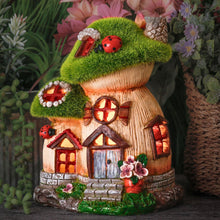 Load image into Gallery viewer, TERESA'S COLLECTIONS Garden Ornaments Outdoor, Green Flocked Solar Fairy House and Ladybugs, Waterproof Resin Fairy House Ornaments, Indoor Outdoor 16.8CM