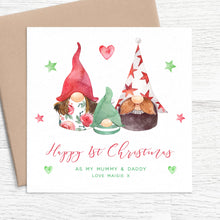 Load image into Gallery viewer, Merry First Christmas as Mummy and Daddy Card Gonk, Size of Your Choice, Personalised Mummy and Daddy First Christmas Card, Cute Gnome 1st Christmas as Mummy and Daddy Card from Baby
