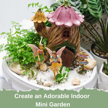 Load image into Gallery viewer, PRETMANNS Fairy Garden House Kit, with Accessories Figurines & Sign – House & Fairies for an Outdoor Miniature Garden – Door can open wide - 4 Pieces