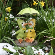 Load image into Gallery viewer, Shudehill Dilly and Dally Puddle Ducks Sitting with Umbrella Garden Ornament