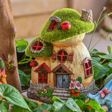 Load image into Gallery viewer, TERESA'S COLLECTIONS Garden Ornaments Outdoor, Green Flocked Solar Fairy House and Ladybugs, Waterproof Resin Fairy House Ornaments, Indoor Outdoor 16.8CM