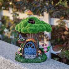 Load image into Gallery viewer, TERESA'S COLLECTIONS Fairy House Outdoor Statues with Solar Light for Garden Decor, Green Moss Resin Outdoor Cottage with Swinging Fairy, Lawn Ornaments Yard Decor Gifts for Mom Women, 8"