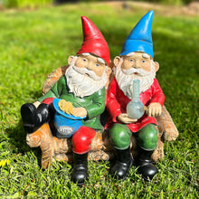 Load image into Gallery viewer, Exhart Good Time Bud Buddies Gnome Statue - Hand-Painted Gnome Best Friends Eating Chips & Smoking Marijuana Weed w/LED Accent Lights - Resin Gnome Decor Perfect for Home Garden Art, 10 Inches Tall
