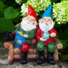 Load image into Gallery viewer, Exhart Good Time Bud Buddies Gnome Statue - Hand-Painted Gnome Best Friends Eating Chips & Smoking Marijuana Weed w/LED Accent Lights - Resin Gnome Decor Perfect for Home Garden Art, 10 Inches Tall