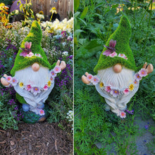 Load image into Gallery viewer, Garden Flocked Gnomes Decor for Yard - Artificial Green Moss Gnome Statue with Solar Light, Dwarf Sculpture for Outdoor Patio Porch Lawn Decor, Spring Decorations for Home