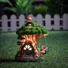 Load image into Gallery viewer, TERESA'S COLLECTIONS Fairy House Outdoor Statues with Solar Light for Garden Decor, Green Moss Resin Outdoor Cottage with Swinging Fairy, Lawn Ornaments Yard Decor Gifts for Mom Women, 8"