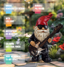 Load image into Gallery viewer, Better Office Products Garden Gnome Statue, 8" Height, Handcrafted Waterproof, UV-Resistant Polyresin Lawn Patio Porch Ornament Decoration (Rock Star with Solar Light)