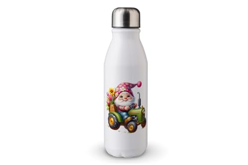 MAXIKIWI - Single Wall Water Drinking Bottle with Screw Cap, Non Insulated Lightweight Aluminium, BPA Free, Leak-Proof - Garden Gnome - 500ml