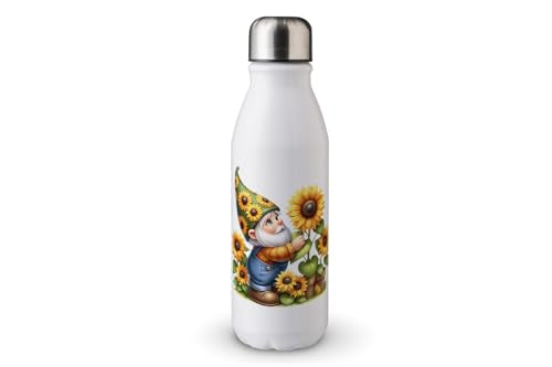 MAXIKIWI - Single Wall Water Drinking Bottle with Screw Cap, Non Insulated Lightweight Aluminium, BPA Free, Leak-Proof - Spring Garden Gnomes Theme 3-500ml