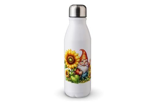 MAXIKIWI - Single Wall Water Drinking Bottle with Screw Cap, Non Insulated Lightweight Aluminium, BPA Free, Leak-Proof - Spring Garden Gnomes Theme 1-500ml