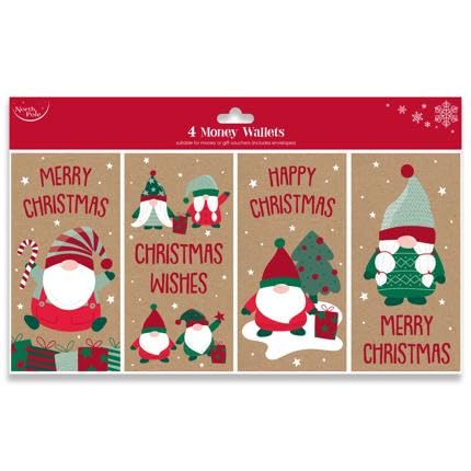 Eurowrap North Pole Christmas Xmas Money Cash Gift Wallets & Envelopes, Kraft Gonks Gnomes - Pack of 4 (X34253MWC)