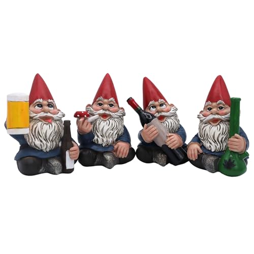 Candy Creations On Cloud 9 Bad Gnomes Drinking and Smoking, Set of 4 Naughty Lawn Dwarves, Funny Garden or Indoor Home Decor