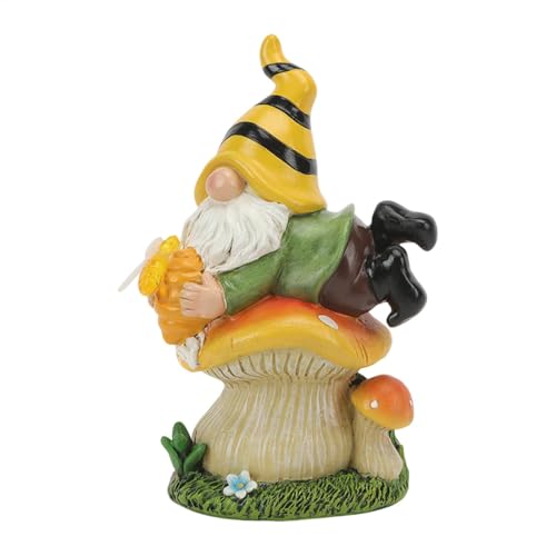 Solar Garden Statue, Gnome Figurine, Garden Ornaments, Outdoor Solar Lights, Resin Mushroom Gnome Statue with Honey Jar, Weatherproof Garden Figurine, 13.6x10x20 cm for Patio, Lawn, and Yard Decor