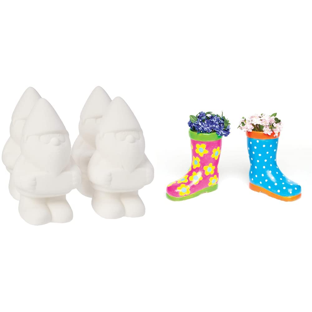 Baker Ross AF428 Customisable Ceramic Garden Gnomes (Pack of 4) & AG273 Wellington Boot Ceramic Flowerpots (Pack of 2) for Kids To Decorate