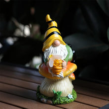 Load image into Gallery viewer, Solar Gnome, Resin Garden Gnome Statue on Mushroom, LED Light-Up Dwarf Figurine Holding Honey Jar, Weatherproof Outdoor Sculpture for Yard, Lawn, Patio and Backyard Decor
