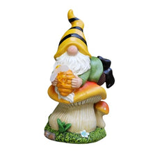 Load image into Gallery viewer, Solar Gnome, Resin Garden Gnome Statue on Mushroom, LED Light-Up Dwarf Figurine Holding Honey Jar, Weatherproof Outdoor Sculpture for Yard, Lawn, Patio and Backyard Decor
