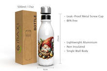 Load image into Gallery viewer, MAXIKIWI - Single Wall Water Drinking Bottle with Screw Cap, Non Insulated Lightweight Aluminium, BPA Free, Leak-Proof - Spring Garden Gnomes Theme 2-500ml
