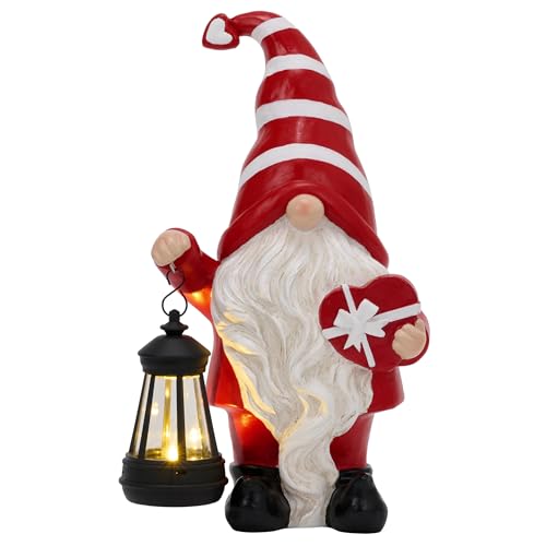 TERESA'S COLLECTIONS Resin Garden Gnome Holding Gift & Lantern with Solar Lights, Valentine's Day Decor, Red, 12