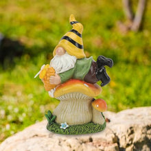 Load image into Gallery viewer, Solar Gnome, Resin Garden Gnome Statue on Mushroom, LED Light-Up Dwarf Figurine Holding Honey Jar, Weatherproof Outdoor Sculpture for Yard, Lawn, Patio and Backyard Decor
