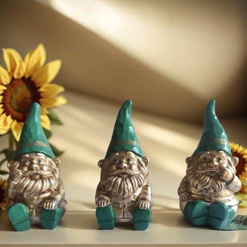 Yeomoo Set of 3 Sitting Golden Garden Gnomes with Green Hat Made of Resin Figures - Funny Gifts for Women, Mothers & Men - Decoration for Living Room, Bedroom, Gnome Garden