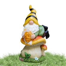 Load image into Gallery viewer, Solar Gnome, Resin Garden Gnome Statue on Mushroom, LED Light-Up Dwarf Figurine Holding Honey Jar, Weatherproof Outdoor Sculpture for Yard, Lawn, Patio and Backyard Decor
