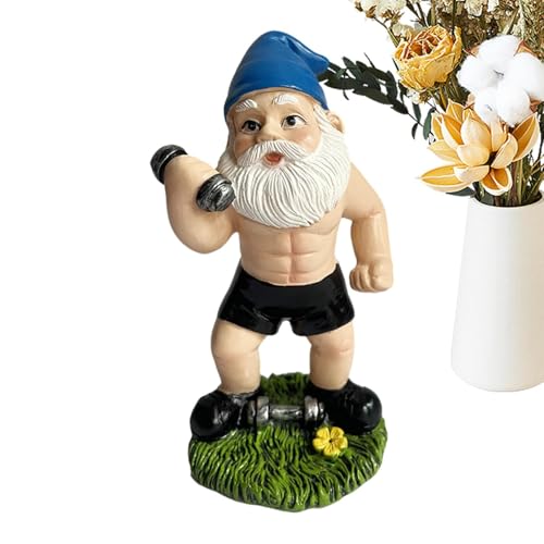 Gnome Figurine Statue - Weightlifting Garden Gnome, Funny Outdoor Sculpture, Resin Workout Dwarf | Vivid Facial Detailing Expression Craft, Weatherproof Dumbbell Character Ornament Place Garden Lawn P