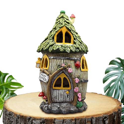 Solar Light Fairy Garden House, Solar Garden House Figurines, Backyard Halloween Decoration, Outdoor Statues, Outdoor, Lawn Ornaments for Home and Outdoor Decor