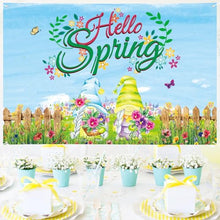 Load image into Gallery viewer, Arosche Spring Decorations Hello Spring Banner 72&quot; x 48&quot; Backdrop Gnomes Flowers Farmhouse Photography Seasonal Sping Holiday Backdrop for Indoor Outdoor Garden,Yard,Party Home Decorations
