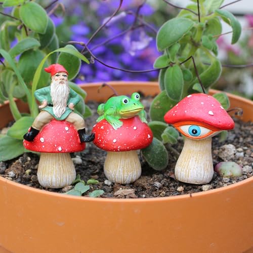 kaiwern Fairy Garden Accessories, 3 Pack Mini Frog and Gnome Mushroom Statues, Cute Animal Figurines Garden Planter Decor, Miniature Fairy Sculpture Decoration for Flower,Yard,Lawn Ornament, DIY Gift