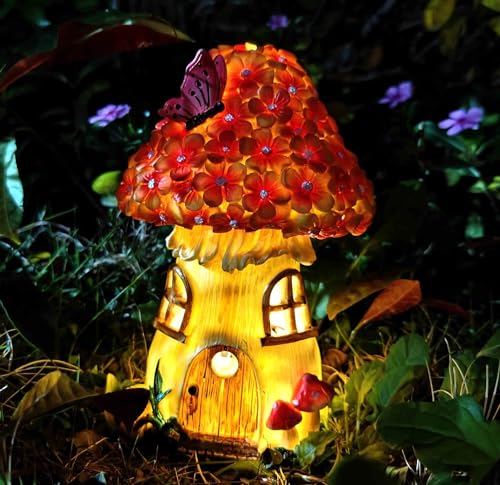 MeritMode Fairy Garden House Mushroom with Solar LED Light - Resin Fairy Garden Accessories, Waterproof Outdoor Light Statue Tiny House, Perfect for Lawn, Balcony, Yard Decor, 7