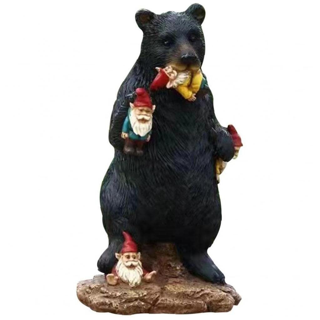 PiniceCore Black Bear Eating Gnomes Funny Statue Resin Ornaments Decoration Indoor Outdoor Garden Lawn Patio