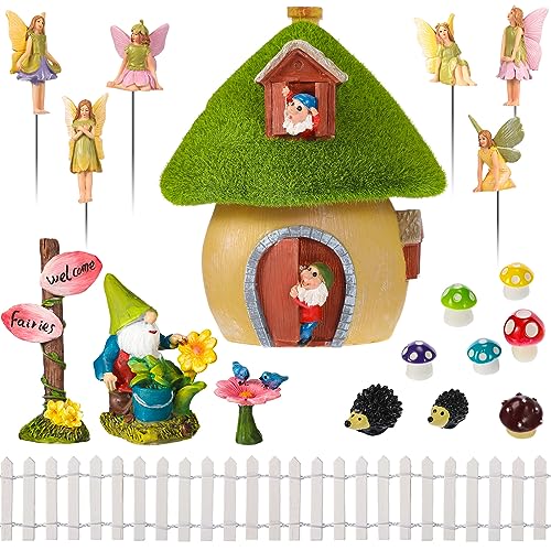 54 Pcs Fairy Garden Accessories Solar Lights Mushroom House Outdoor Decor Vintage Resin Fairy Figurines Mini Mushroom Lawn Ornament Miniature Fairy Garden Fence for DIY Yard Patio (Gnome Style)