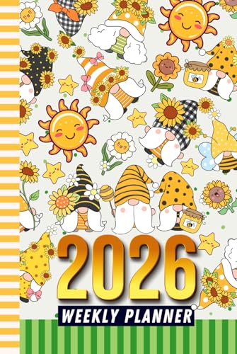 2026 Weekly Planner: Hardcover / 6x9 Dated Diary With To Do List - Habit Tracker - Notes Section / Agenda Gift / Sunflower Garden Gnome Art Pattern Cover