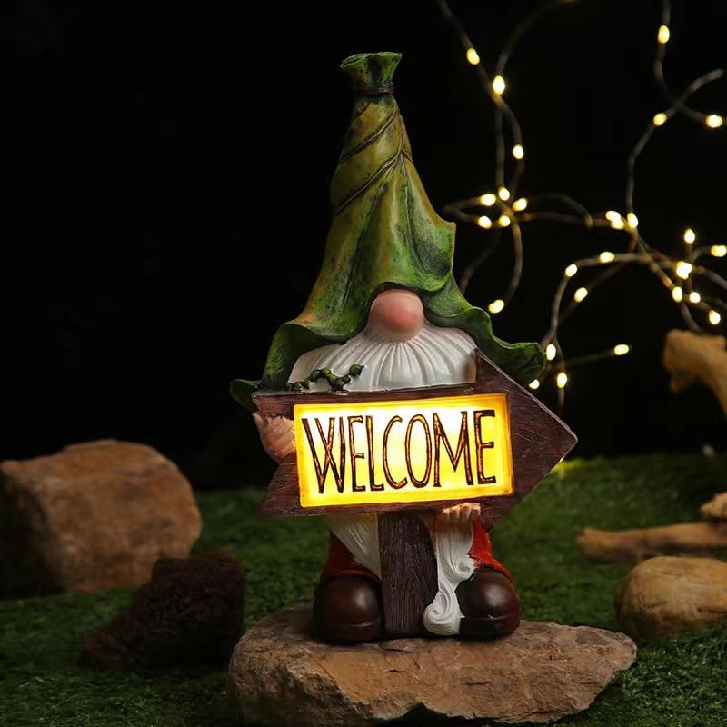Solar Powered Resin Gnome Statue with Welcome Sign, 13
