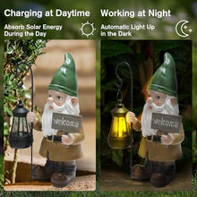Load image into Gallery viewer, Gnome Garden Statue Outdoor Decor - Solar Gnomes Welcome Sign Figurines with Lantern Light, Yard Decorations, Resin Fairy Statues for Patio/Lawn Ornaments, Housewarming/Birthday/Women/Mom Gnome Gifts
