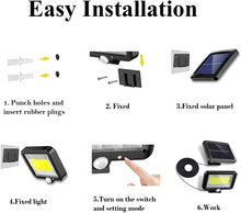 Load image into Gallery viewer, Solar Lights Outdoor Garden,100 LED Solar Motion Sensor Safety Lights,Solar Wall Lights with 5m Cable,Three Lighting Modes,IP65 Waterproof Solar Lights,Used in Gardens,Courtyards,Corridors,Garages
