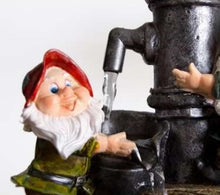 Load image into Gallery viewer, Primrose 28cm Garden Gnome Helpers Pump &amp; Barrel Indoor Outdoor Water Feature with LED Light
