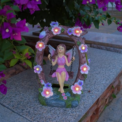 VEEKI Garden Statue Outdoor, Cute Solar Fairy Statue Resin Figurine Lights Outdoor Waterproof, Outdoor Decor Sculpture for Garden Yard Patio Lawn, Fairy Gifts for Mom Grandma Women