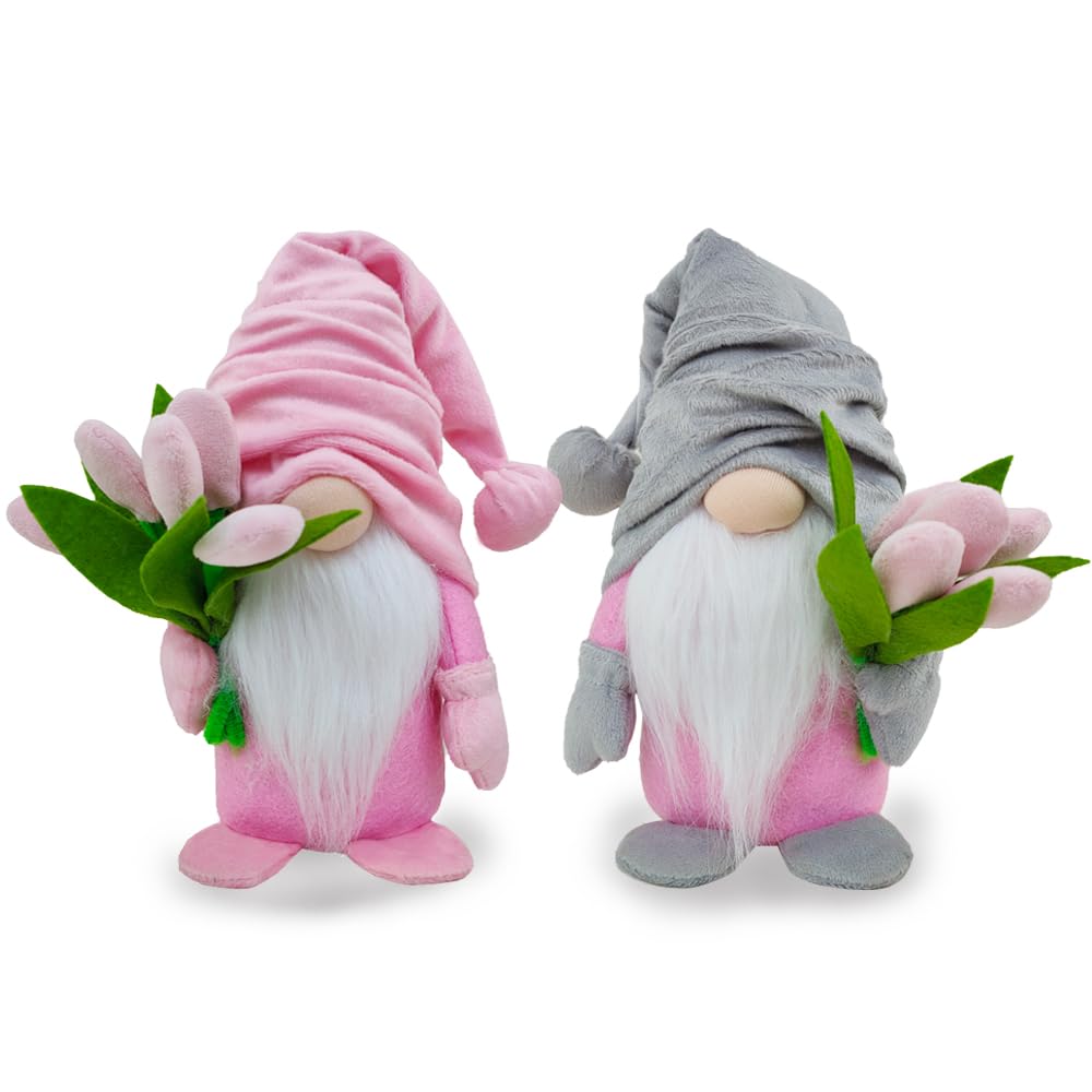 Zemolo 2pcs Spring Gonk Gnome Decorations, Plush Gnome Faceless Doll with Spring Tulip Bouquet Handmade Swedis Dwarf Elf Table Ornaments Gift for Her Women Mom